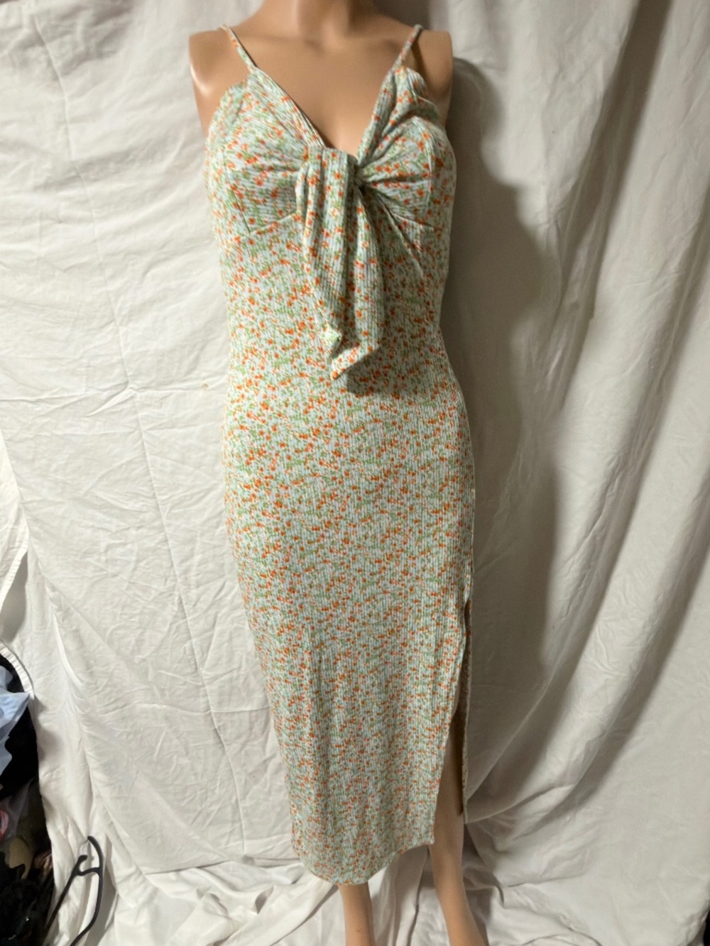Misty Rose Ditsy Floral Ribbed Tie Front Midi Dress High Slit Orange Green Sz M